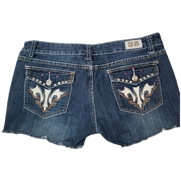 BB JEANS Denim Shorts Size 11 Dark Washed Distressed  Bling Pockets - Picture 2 of 5